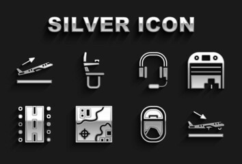 Set World travel map, Aircraft hangar, Plane landing, Airplane window, Airport runway, Headphones with microphone, takeoff and seat icon. Vector