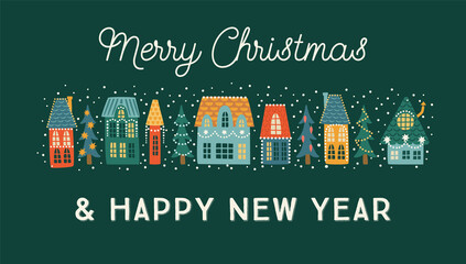 Fototapeta premium Christmas and Happy New Year banner. City, houses, Christmas trees, snow.