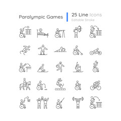Obraz na płótnie Canvas Sport competition linear icons set. Professional competitive event. Athletes with disability. Customizable thin line contour symbols. Isolated vector outline illustrations. Editable stroke collection