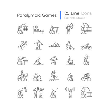 Sport competition linear icons set. Professional competitive event. Athletes with disability. Customizable thin line contour symbols. Isolated vector outline illustrations. Editable stroke collection