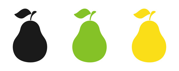 Pear. Set of black, green and yellow icons. Flat style.