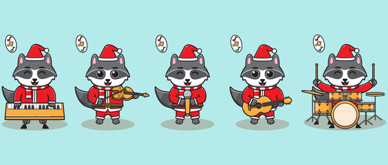 Vector illustration of Cute Raccoon Santa Claus play a musical instrument. Good for icon, label, sticker, clipart.