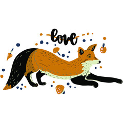 Lying Fox flat vector illustration with hand drawn lettering - love. Cute tod cartoon character with mushrooms. Forest animal. Wildlife wrapping paper, kid textile, background.