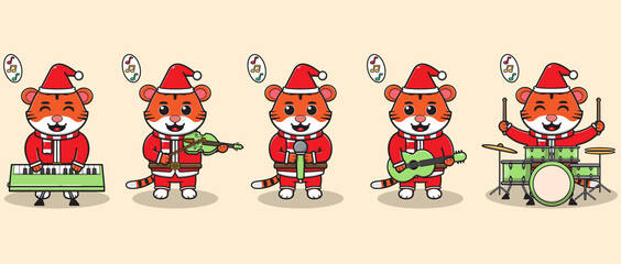 Naklejka premium Vector illustration of Cute Tiger Santa Claus play a musical instrument. Good for icon, label, sticker, clipart.
