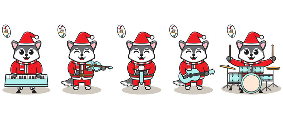 Vector illustration of Cute Wolf Santa Claus play a musical instrument. Good for icon, label, sticker, clipart.