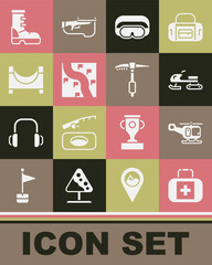 Set First aid kit, Rescue helicopter, Snowmobile, Ski goggles, Route location, Skate park, Waterproof rubber boot and Ice axe icon. Vector