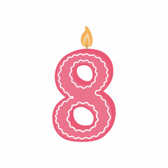 Illustration of a birthday candle number. A candle with the number 8. A pink candle for the eighth birthday. Vector illustration on a white background isolated in a flat cartoon style