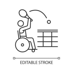 Wheelchair tennis linear icon. Adaptive tennis. Team competition game. Athletes with disability. Thin line customizable illustration. Contour symbol. Vector isolated outline drawing. Editable stroke