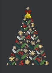 イラスト素材：雪の結晶とヒイラギや松ぼっくりでできたシンプルなクリスマスツリー（ゴールド系）