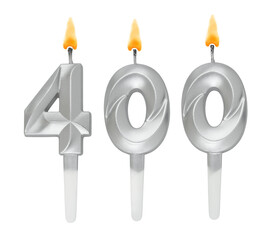 Burning silver birthday candles isolated on white background, number 400