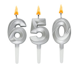 Silver birthday candle isolated on white background, number 650