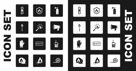 Set Fire extinguisher, Firefighter axe, Burning match with fire, Climber rope, Megaphone, protection shield, Walkie talkie and gloves icon. Vector