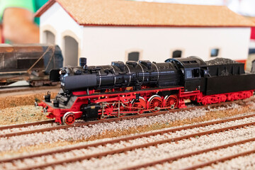 Naklejka premium Model train in operation at a model train exhibition. Macro photography with shallow deep of field