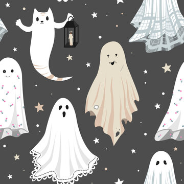 Seamless pattern with cute cartoon ghosts in vintage sheets dressing. Halloween party vector illustration