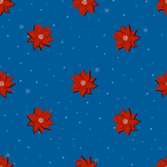 Fototapeta premium Poinsettia pattern. Christmas background with cute poinsettia flowers and snowflakes. Vector illustration, cartoon style. Template for wallpaper, cover, fabric, textile, wrapping paper