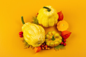 Creative autumn composition with ripe pumpkins, fall leaves, berries, and physalis flowers