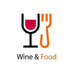Banner con texto Wine and Food con silueta de copa de vino y tenedor con líneas en color negro, granate y naranja