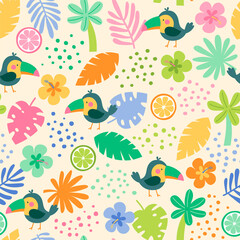 Colorful tropical summer seamless pattern with toucan, tropical leaf, citrus fruit and hibiscus.