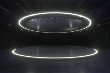 Empty stage Design for mockup and Corporate identity,Display.Platform elements in hall.Blank screen system for Graphic Resources.Scene event led night light staging.3d Background for online.3 render.