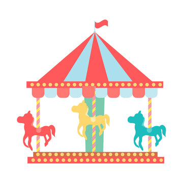 Merry go round. Horse carousel in amusement park. Vector illustration.