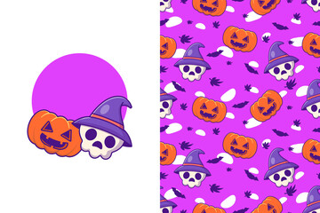 Cute Witch Skull and Pumpkin happy halloween with seamless pattern