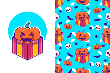 Cute Pumpkin in Gift Box happy halloween with seamless pattern