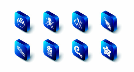 Set Octopus, Seaweed, Fish, Starfish, of tentacle, Jellyfish, steak and Caviar icon. Vector
