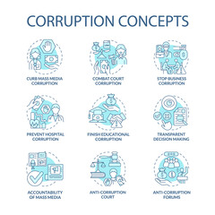 Corruption concept icons set. Corrupted government idea thin line color illustrations. Bribery in government. Embezzlement of budget. Transparent decission making. Vector isolated outline drawings.