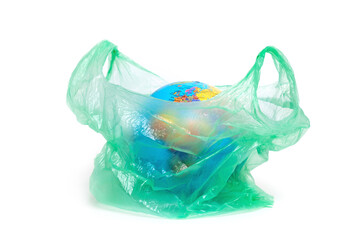Fototapeta premium Mock up of the planet Earth in a plastic bag on a white background. Environmental disaster. Concept