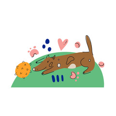 Charming cartoon dog character lying on the grass near the ball; grass, doodle elements isolated on white background. 
Cute hand drawn vector illustration. Childish t shirt print design.