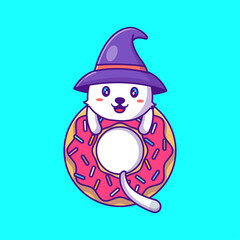 cute witch cat with donuts happy halloween Cartoon Illustration