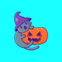 Cute Black Cat holding Pumpkin happy halloween Cartoon Illustration