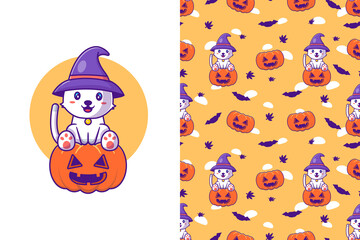 Cute cat witch with pumpkin happy halloween with seamless pattern