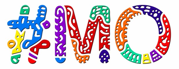 MO Hashtag. Multicolored bright isolate curves doodle letters. Hashtag #MO is abbreviation for the US American state Missouri for social network, web resources, mobile apps.