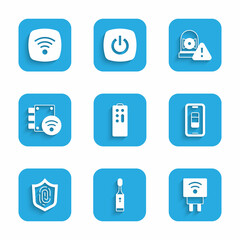 Set Remote control, Electric toothbrush, Smart electric plug, Smartphone battery charge, Fingerprint, Digital door lock, Ringing alarm bell and Wi-Fi wireless internet network icon. Vector