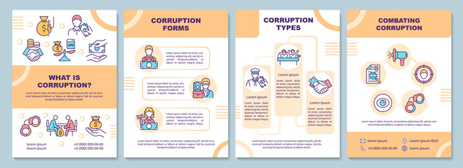Naklejka premium What is corruption brochure template. Fraus and bribary combat. Flyer, booklet, leaflet print, cover design with linear icons. Vector layouts for presentation, annual reports, advertisement pages
