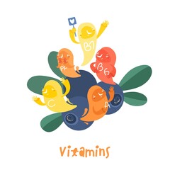 Complex vitamins. Cartoon characters in a trendy style.