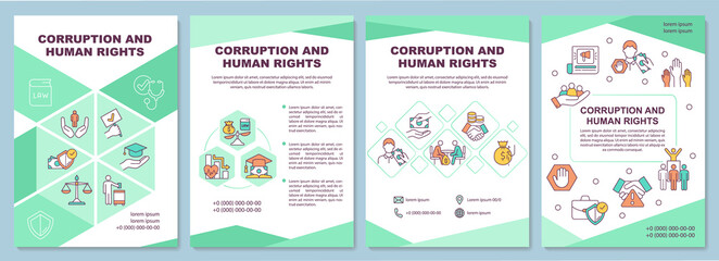 Corruption and human rights violation brochure template. Flyer, booklet, leaflet print, cover design with linear icons. Vector layouts for presentation, annual reports, advertisement pages - obrazy, fototapety, plakaty