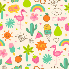 Cute hand drawn doodle elements seamless pattern for summer background.