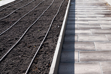 Fototapeta premium Drip irrigation system in planting bed. Empty bed with drip irrigation system. Agriculture concept