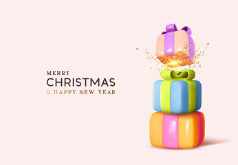 Christmas pile of gift boxes. Realistic present surprise box, multicolored soft pastel colors. Merry Christmas and New Year gift card, web poster, Xmas banner. Holiday decoration design elements.