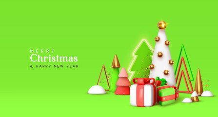 Merry Christmas and Happy New Year festive composition in green colors. Gold metal cone geometric Christmas 3d trees, gift box realistic design. Xmas holiday background. Vector illustration