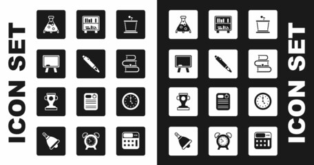 Set Stage stand, Marker pen, Chalkboard, Test tube flask, Book, Shelf with books, Clock and Award cup icon. Vector