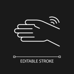 Wrists rheumatism white linear icon for dark theme. Limited hand motion. Carpal tunnel syndrome. Thin line customizable illustration. Isolated vector contour symbol for night mode. Editable stroke