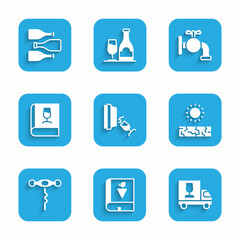 Fototapeta premium Set Wine tasting, degustation, Book about grapes, truck, Drought, corkscrew, wine, Tap for barrel and Bottles of icon. Vector