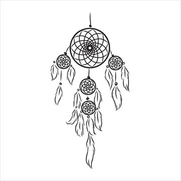 Ethnic Boho dream catcher with feathers. American Indian symbol in sketch style. Vector illustration isolated on white background. Hand drawn.