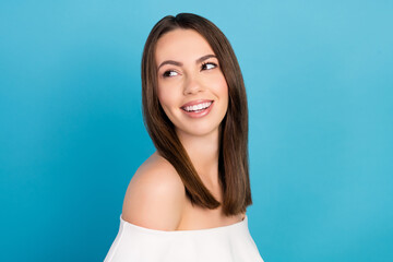 Profile photo of nice brunette millennial lady look empty space wear white top isolated on blue color background