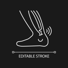 Joint strains white linear icon for dark theme. Muscles overstretching. Musculoskeletal injury. Thin line customizable illustration. Isolated vector contour symbol for night mode. Editable stroke