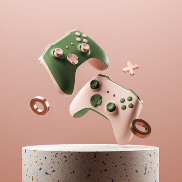 Two flying gamepads over the podium on a pink background. Concept for presentation, advertising. 3d rendering.