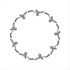 Hand drawn vector round frame. Floral wreath with leaves, berries, branches Decorative elements for design. Ink, vintage and rustic styles.